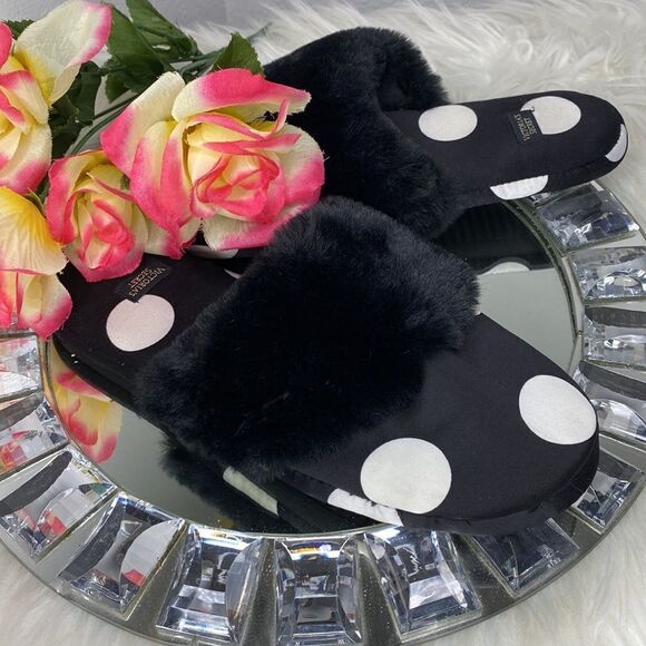 Victoria’s Secret Black Satin Slippers W Large White Polka Dot & Black F… - Picture 5 of 5
